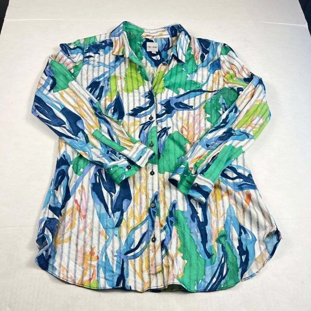 Nic+Zoe Scribble Vines Button Down Shirt Resort Artsy Casual Long Sleeve Top S